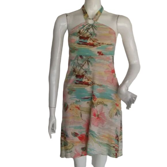 TOMMY BAHAMA Halter Dress, S, Beach/Island Print Hibiscus/Palm Trees, Multicolor - Picture 1 of 12